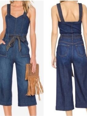 7 For All Mankind Dark Indigo Denim Cropped Wide-Leg Overalls